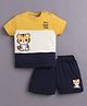 BUMZEE Cotton Knit Half Sleeves Tiger Printed Tee & Shorts Set - Navy Blue & Mustard