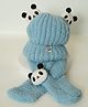 Petite and Posh Woollen Blend Woven Panda Applique Detailed Cap & Scarf Set - Blue
