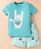 Doreme Knitted Half Sleeves Summer Beach Theme Printed T-Shirt & Shorts Set - Blue