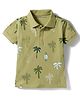 Doreme Cotton Knit Half Sleeves Polo T-Shirt with Beach Theme Print - Olive Green