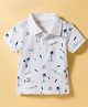 Doreme Cotton Knit Half Sleeves Polo T-Shirt with Beach Theme Print - White