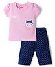 Babyhug Cotton Knit Half Sleeves T-Shirt & Capri Night Suit With Kitty Print - Pink