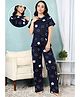 Moms Ever Knitted Knit Half Sleeves Star Printed Top & Pant Nightsuit With Overlap Nursing Access -Navy Blue