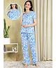 Moms Ever Knitted Knit Half Sleeves Leaves Printed Top & Pant Nightsuit With Overlap Nursing Access - Blue