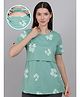 Moms Ever Knitted Half Sleeves Floral Printed Maternity Tee With Overlap Nursing Access - Turquoise Green