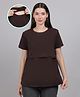 Moms Ever Knitted Half Sleeves Solid Printed Maternity Tee With Overlap Nursing Access - Brown