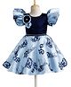 Blabber Half Frill Sleeves Pearl Embellished Floral Applique Detailed & Printed Knee Length Dress - Sky Blue
