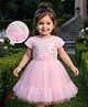 Babyhug Mesh Woven Half Sleeves Fit & Flared Party Dress with Floral Corsage & Sequin Detailing - Dark Pink