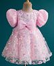 Babyhug Woven Half Puffed Sleeves Fit & Flare Mesh Party Dress with Heavy Sequins Embroidery & Double Bow  Detailing - Pink