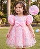 Babyhug Woven Half Puffed Sleeves Fit & Flare Mesh Party Dress with Heavy Sequins Embroidery & Double Bow  Detailing - Pink