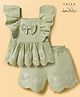 Arias Cotton Woven Frill Sleeves Top & Shorts Set with Floral Embroidery & Bow Applique - Light Green