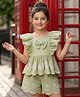 Arias Cotton Woven Frill Sleeves Top & Shorts Set with Floral Embroidery & Bow Applique - Light Green