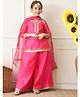 INDI-LOOM COUTURE Woven Three Fourth Sleeves Dots Printed Lace Embellished Kurti & Palazzo Set With Dupatta - Pink