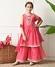 INDI-LOOM COUTURE Woven Three Fourth Sleeves Bandhani  Printed Lace Embellished Kurti & Palazzo Set With Dupatta - Pink