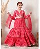 INDI-LOOM COUTURE Cotton Woven Three Fourth Sleeves Floral Applique Detailed & Printed Lace Embellished Tiered Lehenga Choli With Dupatta Set - Pink