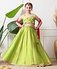 INDI-LOOM COUTURE Woven Sleeveless Floral Applique Detailed & Printed Lace Embellished Lehenga Choli With Dupatta Set  - Green