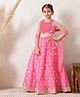 INDI-LOOM COUTURE Woven Sleeveless Abstract Printed & Lace Embellished Lehenga Choli Set With Dupatta - Pink