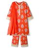 EARTHY TOUCH Cotton Jersey Knit Three Forth Sleeves Floral Printed Kurta & Salwar Set With Dupatta & Lace Detailing - Orange