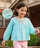 Kookie Kids Cotton Woven Full Sleeves Top with Floral Embroidery - Aqua Blue