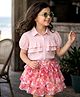 OLLINGTON ST. Woven Crepe Viscose Half Sleeves Top & Printed Georgette Skirt Set - Multicolour & Pink