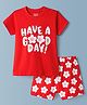 Babyhug Cotton Knit Half Sleeves T-Shirt & Shorts Night Suit With Floral Print - Red