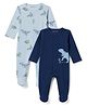 Kookie Kids Interlock Knit Full Sleeves Dino Printed Sleepsuits Pack Of 2 - Navy Blue & Light Blue