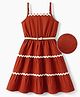 Hola Bonita Cotton Woven Sleeveless Solid Color Tiered Frock with Belt & Lace Detailing - Rust Orange