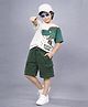 Plum Tree 100% Cotton Knit Half Sleeve Dinosaur Printed Oversized T-Shirt and Cargo Short Set - Off White and Green