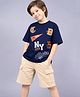 Plum Tree 100% Cotton Knit Half Sleeves Typography Printed Oversized Tee & Shorts Set - Navy Blue & Beige