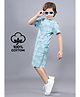 Plum Tree 100% Cotton Knit Half Sleeves Leaves & Tree Printed Coordinating Tee & Shorts Set - Sea Green