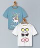 Plum Tree 100% Cotton Knit Pack Of 2 Unicorn & Sunglasses Printed Oversized Tees - Off White & Teal Blue