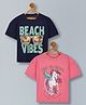 Plum Tree 100% Cotton Knit Pack Of 2 Unicorn & Beach Vibes Text Printed Oversized Tees - Pink & Navy Blue