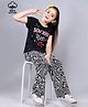 Plum Tree 100% Cotton Knit Half Sleeves Gillter Embellished Bonjour Hello Ciao Text Printed Top & Pant Set - Black
