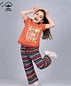 Plum Tree 100% Cotton Knit Gillter Embellished Good Vibes Only Text Printed Top & Pants Set - Orange & Multi Colour