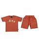 CRUNCHY NACHOS Knitted Half Sleeves Nachos Text Embroidered Tee & Shorts Set - Rust Orange