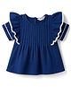 Bonfino 100% Cotton Woven Half Sleeves A Line Ruffle Top With Piping Detail - Navy Blue