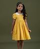 Soleilclo Cotton Woven Half Puffed Sleeves Polka Dots Printed Floral Embroidered Dress - Mustard