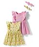 Babyhug Single Jersey Knit Frill Sleeves Polka Dot & Floral Printed Frocks With Headband Pack of 2 - Pink & Yellow
