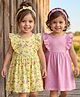 Babyhug Single Jersey Knit Frill Sleeves Polka Dot & Floral Printed Frocks With Headband Pack of 2 - Pink & Yellow