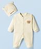 Mini Taurus Interlock Knit Full Sleeves Striped Footed Sleep Suit with Cap & Bear Patch - Off White