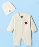 Mini Taurus Interlock Knit Full Sleeves Romper with Airplane Embroidery & Cap - Off White