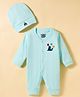 Mini Taurus Interlock Knit Full Sleeves Romper with Seal Embroidery & Cap - Aqua Blue