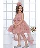 Lagorii Net Woven Sleeveless Bow Applique & Ruffle Detailed Stones Embellished Dress With Headband - Pink