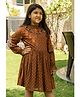 The Little Trunk Cotton Woven Full Sleeves Floral Embroidered Polka Dots Printed Dress - Brown