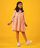 The Little Trunk Cotton Woven Full Sleeves Checked & Floral Printed Pinafore Dress - Orange