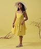 The Little Trunk Cotton Woven Frill Sleeves Checked & Floral Embroidered Dress - Yellow