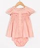 The Little Trunk Cotton Woven Half Puffed Sleeves Floral Embroidered Dress With Bloomers - Peach