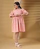 The Little Trunk Cotton Woven Three Fourth Sleeves Floral Embroidered Striped Dress - Peach