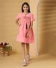 The Little Trunk Cotton Woven Half Sleeves Floral Embroidered Dress - Pink
