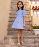 The Little Trunk Cotton Woven Half Sleeves Striped & Floral Embroidered Dress - Blue